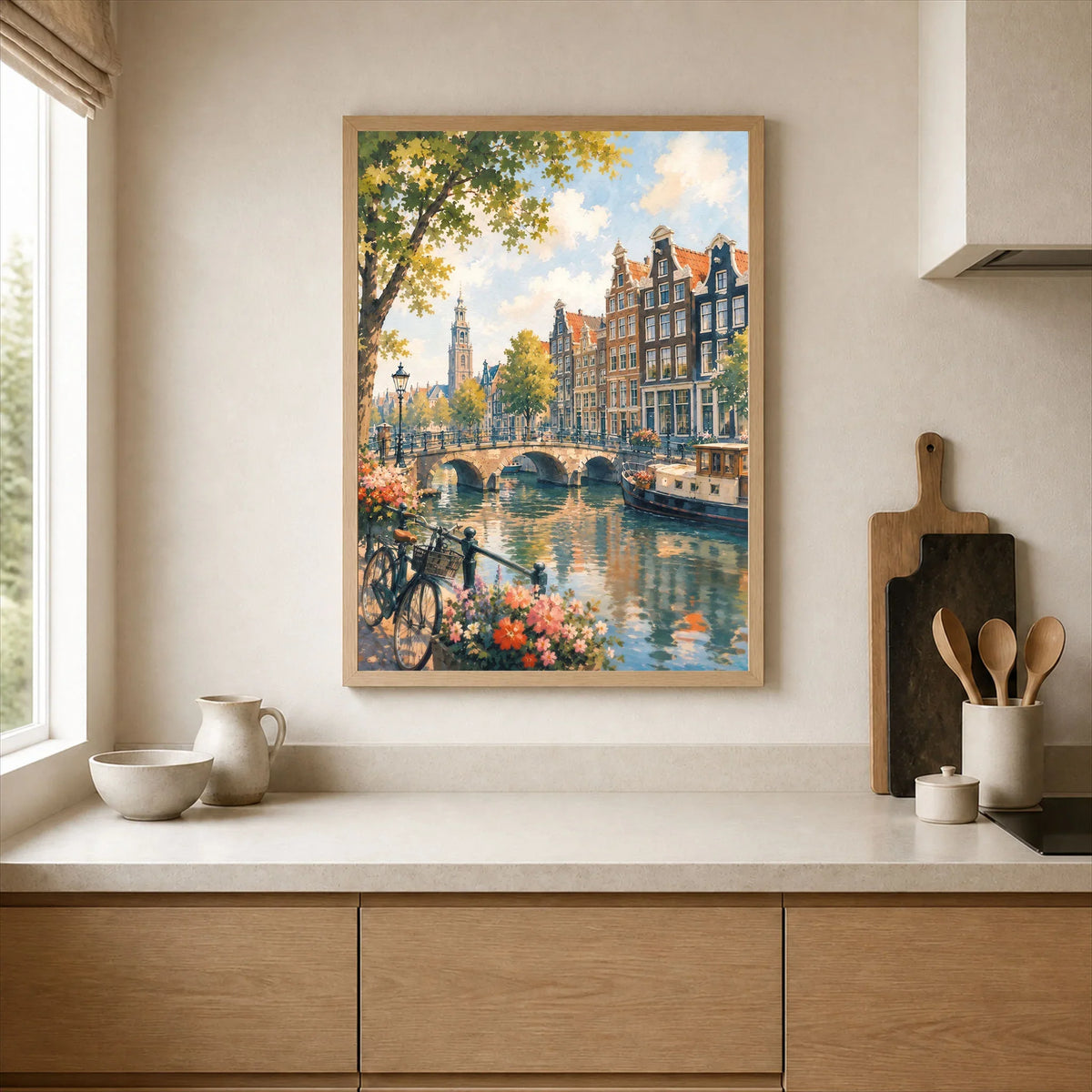 Amsterdam canal houses and bridge watercolour art print framed print in a kitchen