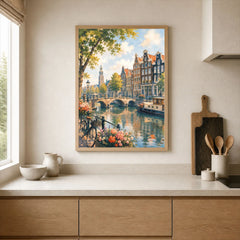 Amsterdam canal houses and bridge watercolour art print framed print in a kitchen