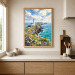 Anglesey clifftop lighthouse watercolour art print framed print in a kitchen