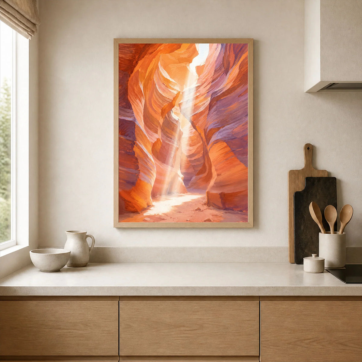 Antelope Canyon slot canyon light beam watercolour art print framed print in a kitchen