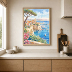 Antibes old town ramparts and harbour watercolour art print framed print in a kitchen