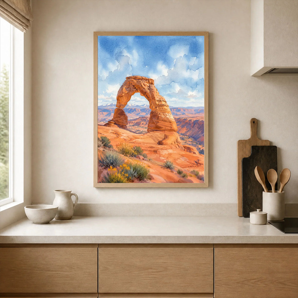 Arches National Park Delicate Arch watercolour art print framed print in a kitchen