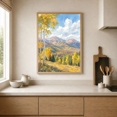 Aspen golden aspen trees and mountains watercolour art print framed print in a kitchen