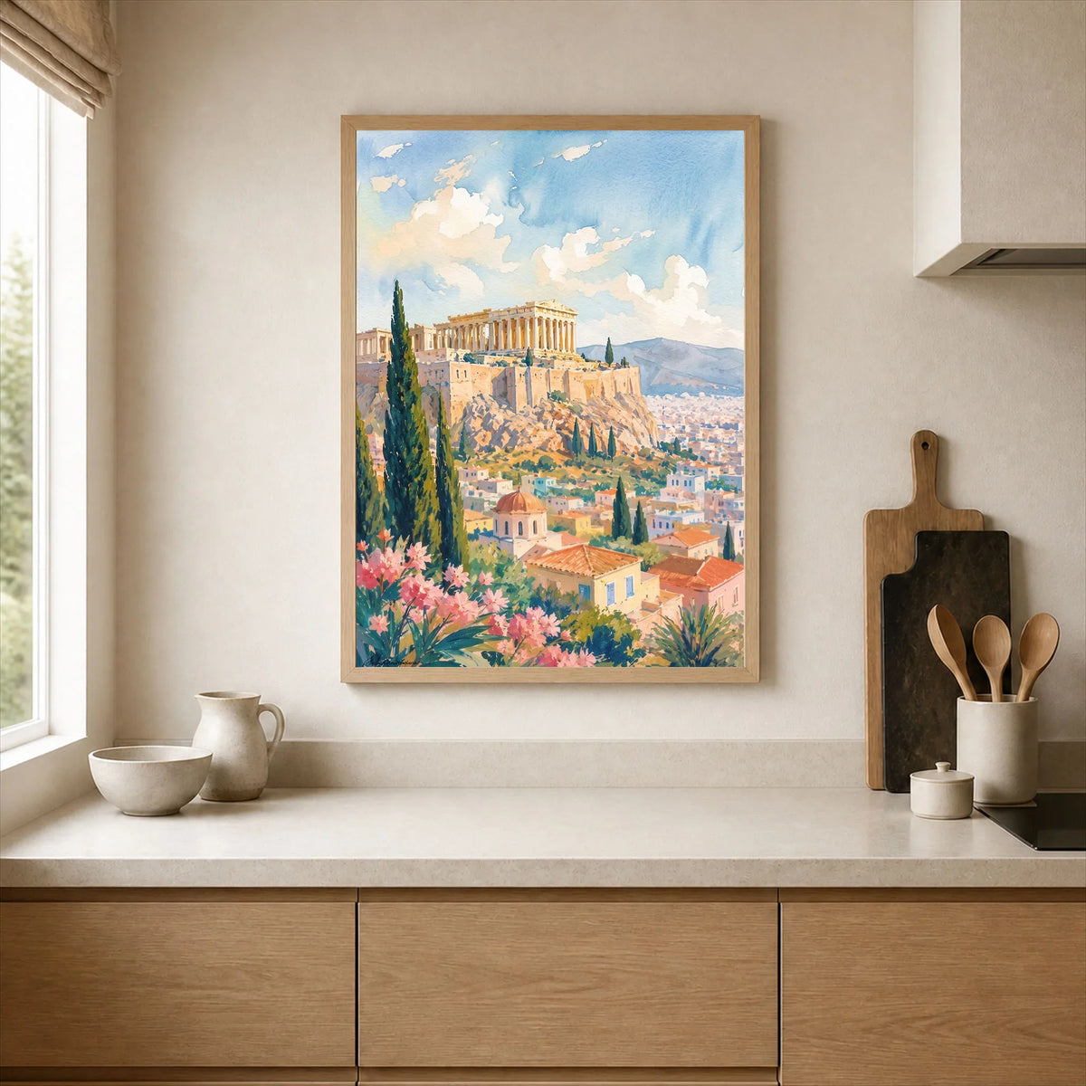 Athens Acropolis and Parthenon watercolour art print framed print in a kitchen