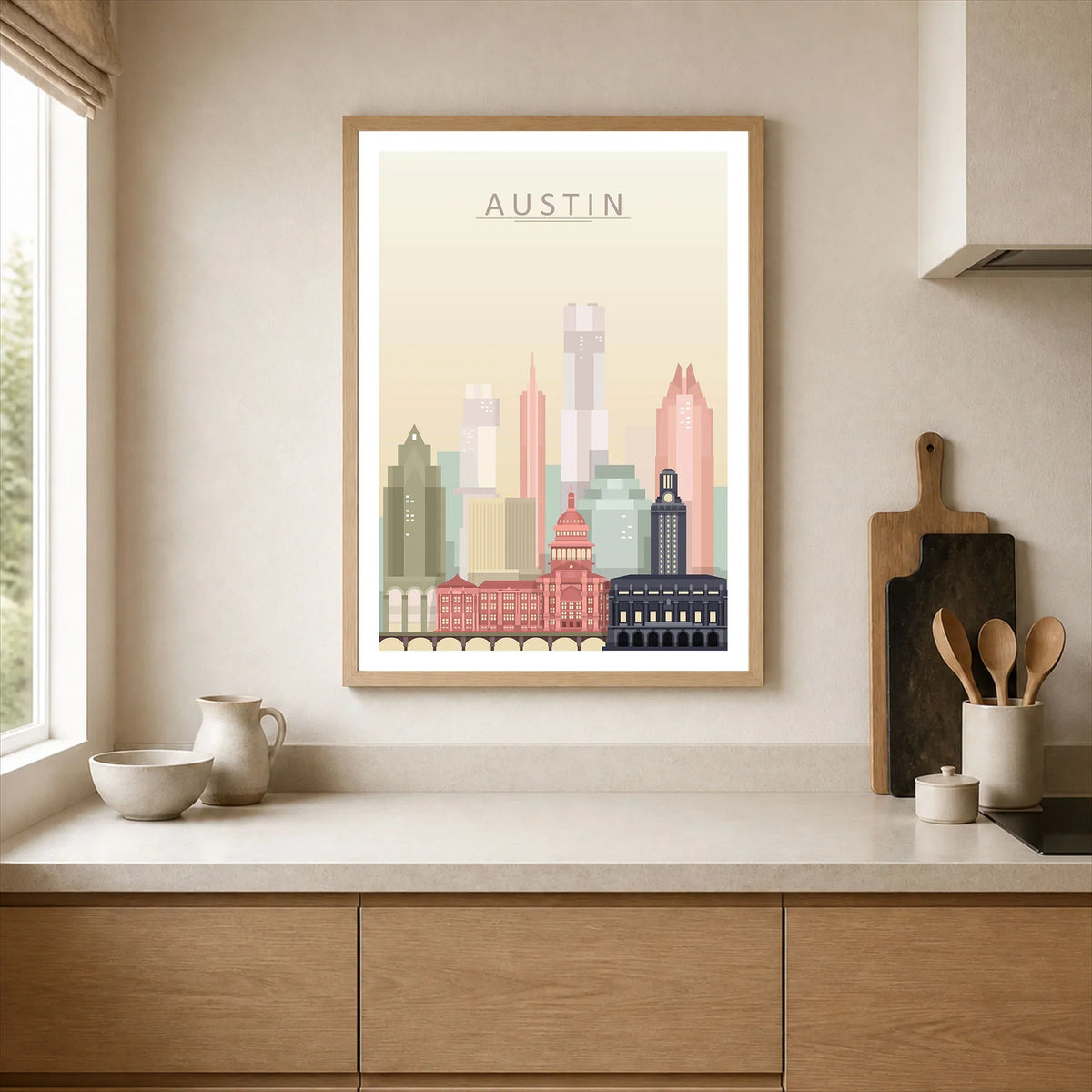 Austin city skyline art print, framed print in a kitchen
