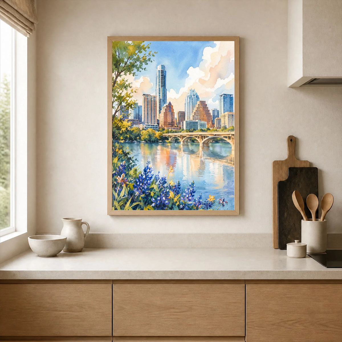 Austin skyline and Lady Bird Lake watercolour art print framed print in a kitchen
