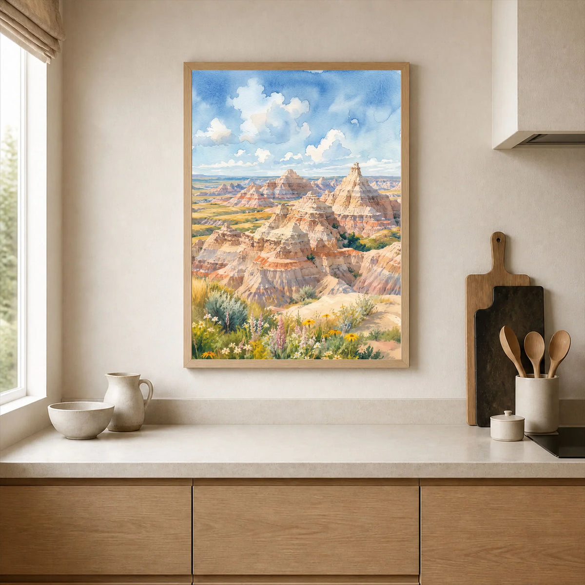 Badlands National Park striped eroded buttes watercolour art print framed print in a kitchen