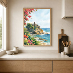 Bali Tanah Lot sea temple watercolour art print framed print in a kitchen