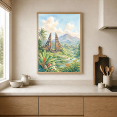 Bali temple gate and rice terraces watercolour art print framed print in a kitchen