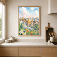 Bangkok Grand Palace golden temples watercolour art print framed print in a kitchen