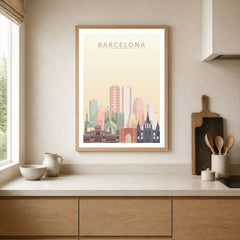 Barcelona city skyline art print, framed print in a kitchen