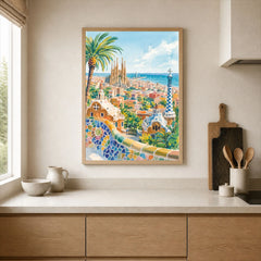 Barcelona Park Güell and Sagrada Família watercolour art print framed print in a kitchen