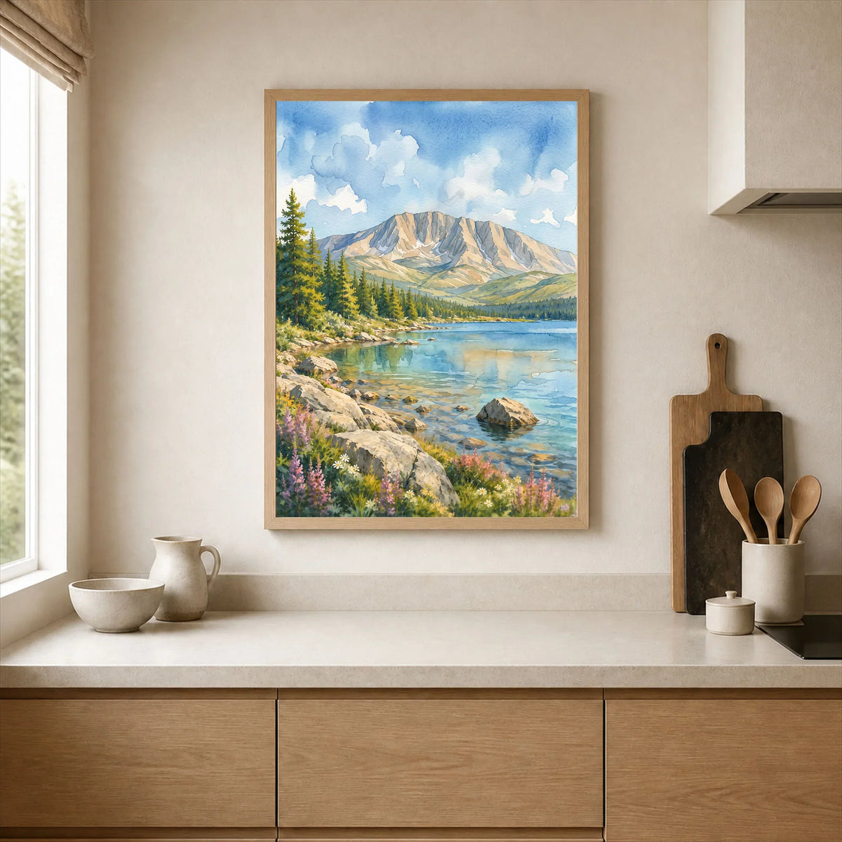 Baxter State Park Mount Katahdin and lake watercolour art print framed print in a kitchen