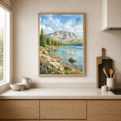 Baxter State Park Mount Katahdin and lake watercolour art print framed print in a kitchen
