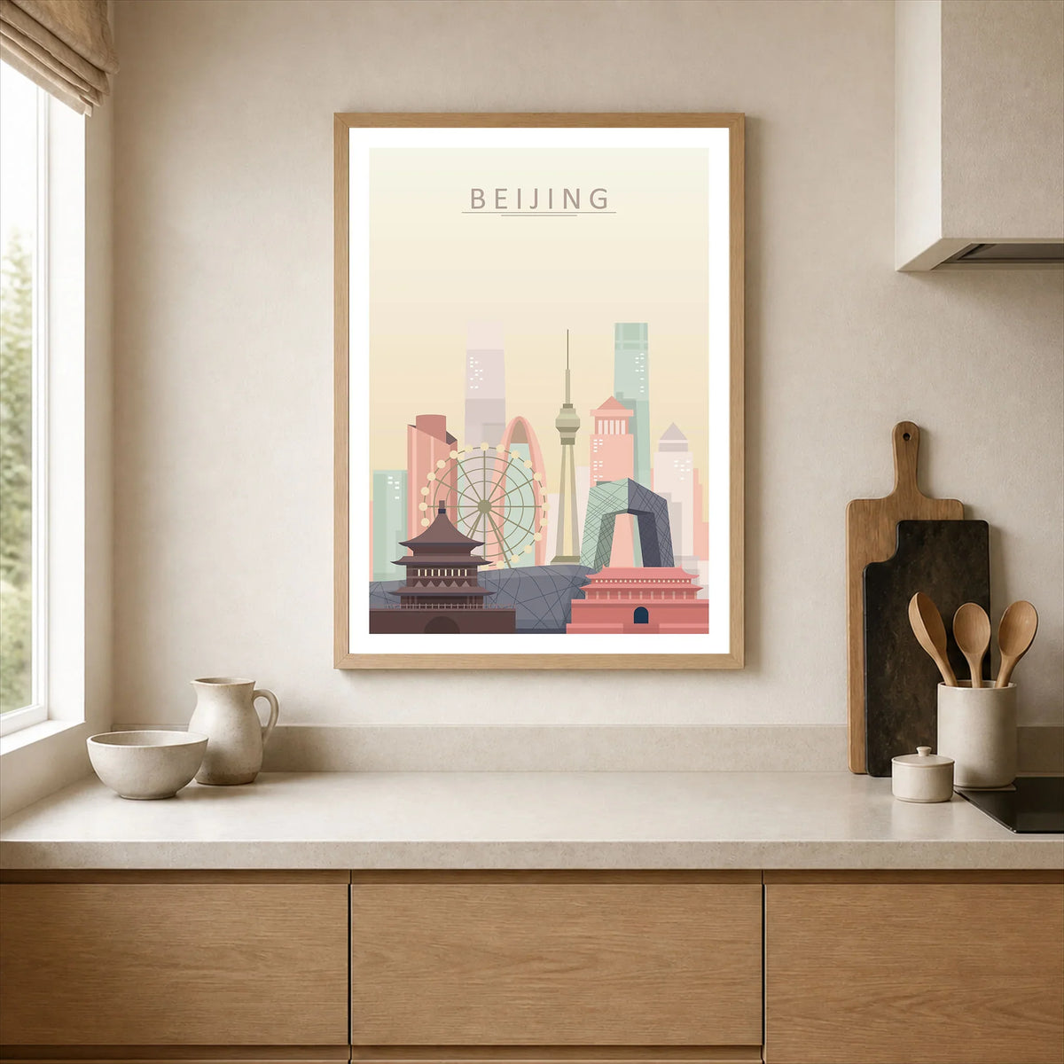 Beijing city skyline art print, framed print in a kitchen