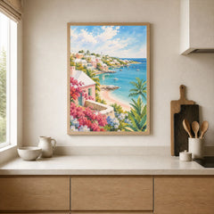 Bermuda pastel cottages and turquoise bay watercolour art print framed print in a kitchen