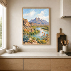 Big Bend National Park Rio Grande and Chisos Mountains watercolour art print framed print in a kitchen