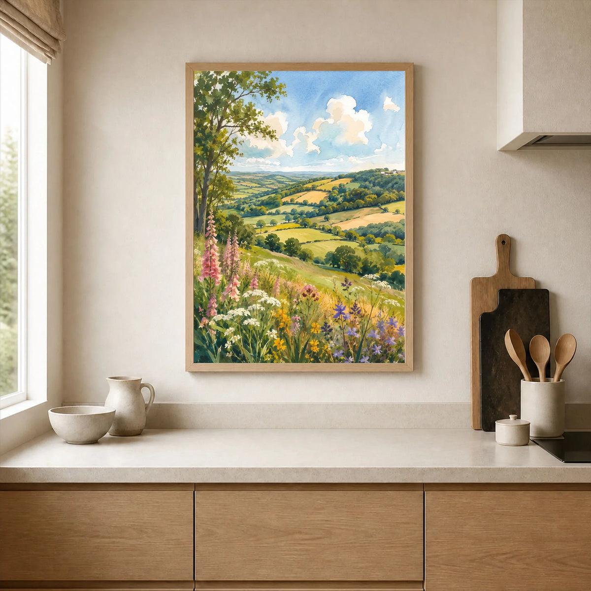 Blackdown Hills foxgloves and patchwork fields watercolour art print framed print in a kitchen