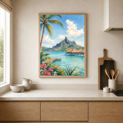 Bora Bora overwater bungalows and Mount Otemanu watercolour art print framed print in a kitchen