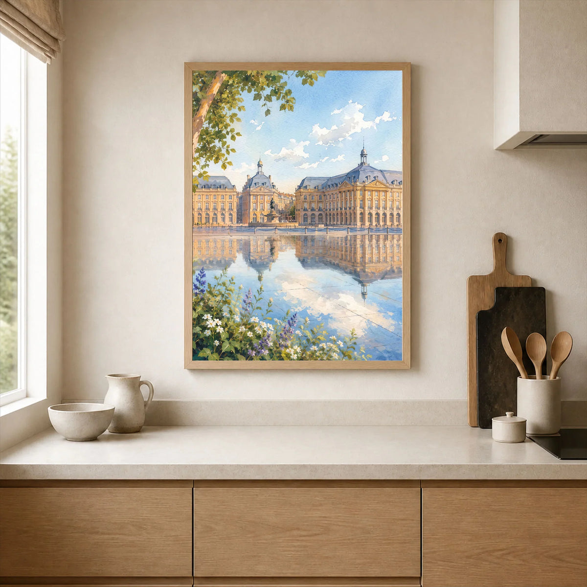 Bordeaux Place de la Bourse water mirror watercolour art print framed print in a kitchen