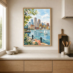 Boston harbour skyline with sailboats watercolour art print framed print in a kitchen