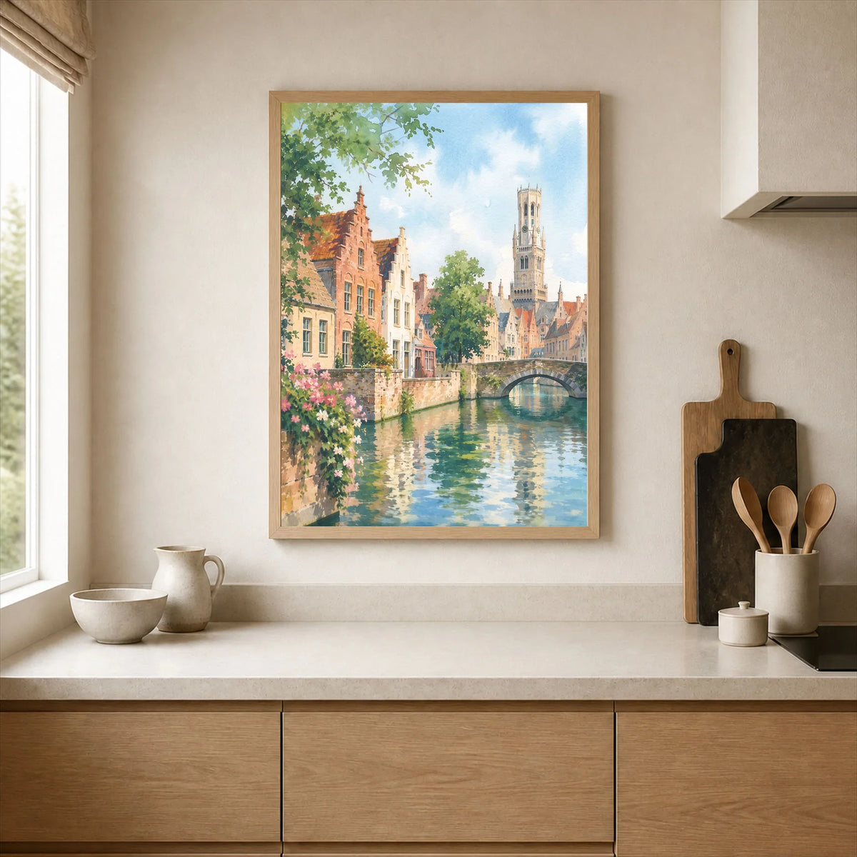 Bruges canal and Belfry tower watercolour art print framed print in a kitchen