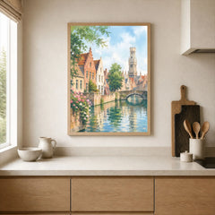Bruges canal and Belfry tower watercolour art print framed print in a kitchen