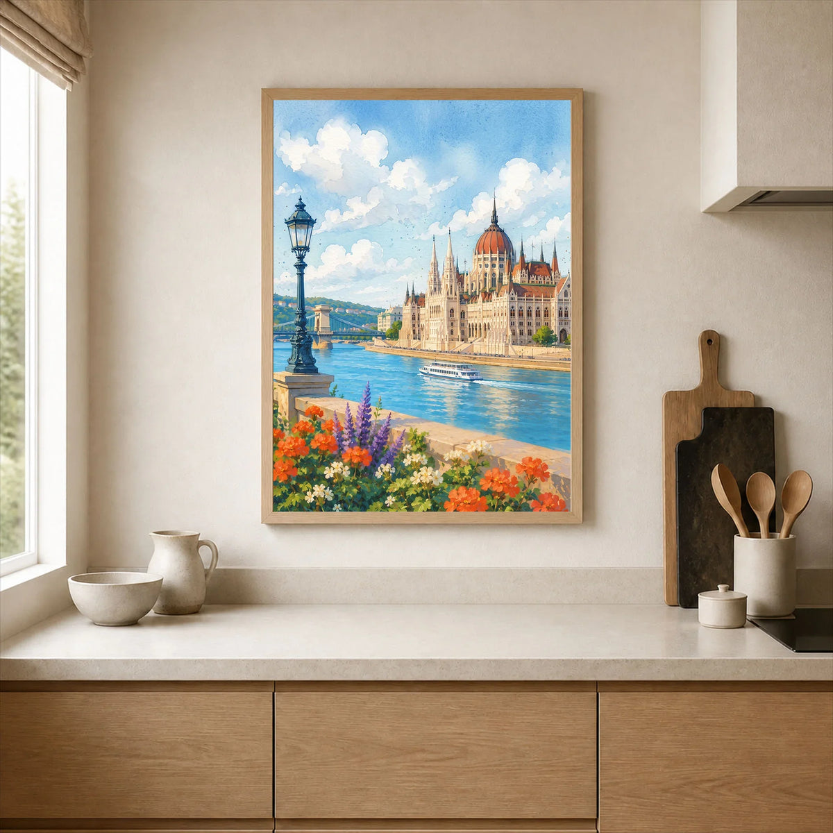 Budapest Parliament on the Danube watercolour art print framed print in a kitchen