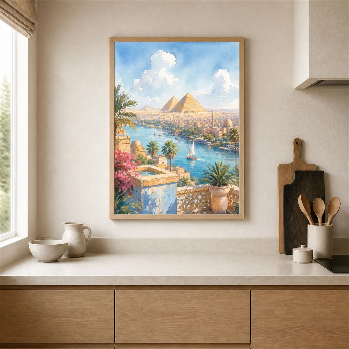 Cairo Pyramids of Giza and the Nile watercolour art print framed print in a kitchen