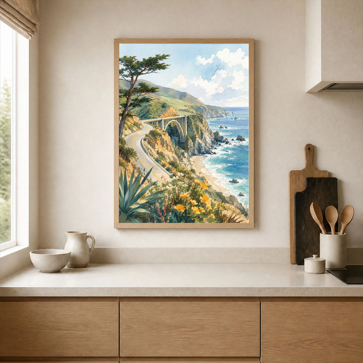 Big Sur Bixby Bridge on the coast watercolour art print framed print in a kitchen