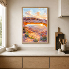 Canyonlands National Park Mesa Arch at sunrise watercolour art print framed print in a kitchen