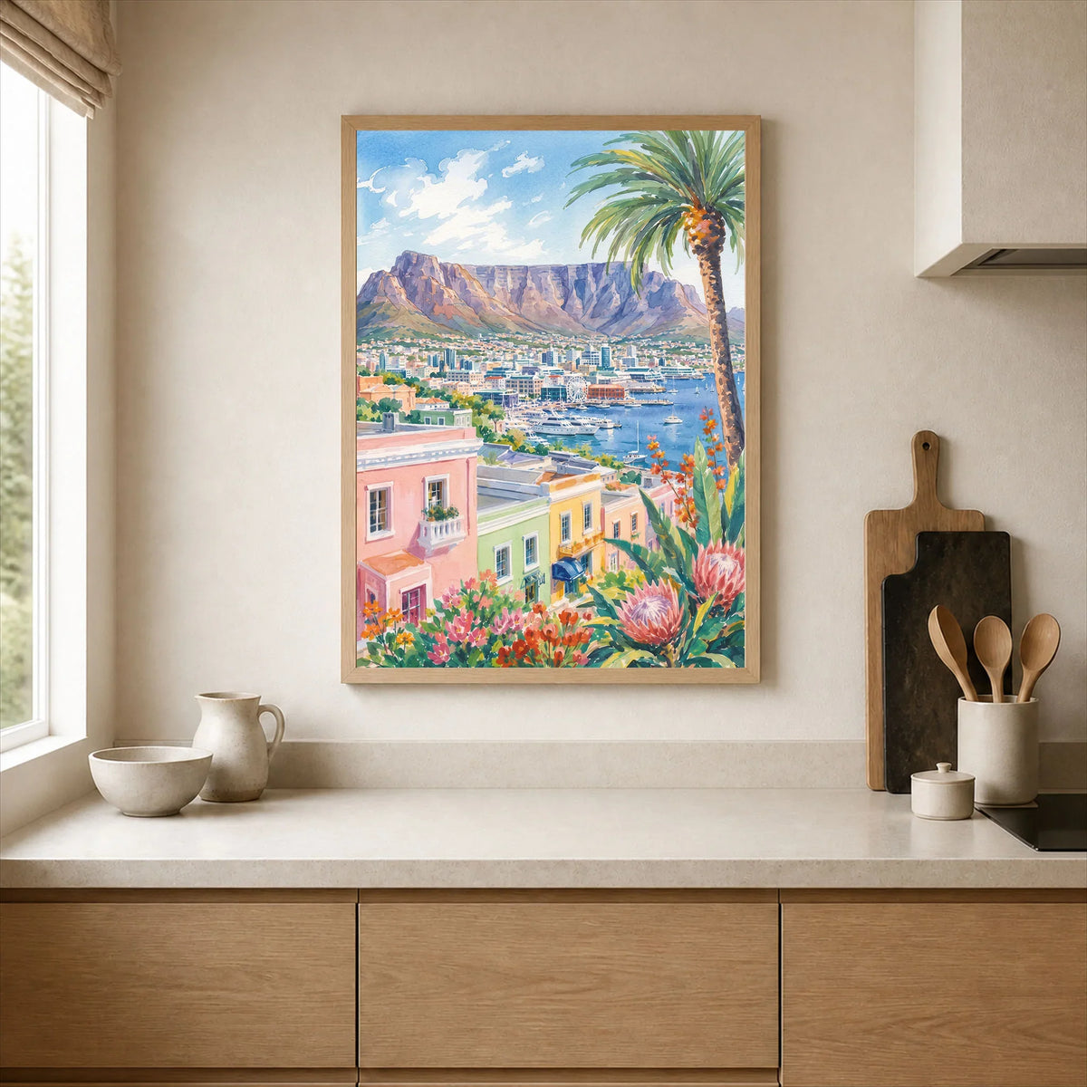 Cape Town Table Mountain and colourful houses watercolour art print framed print in a kitchen