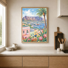 Cape Town Table Mountain and colourful houses watercolour art print framed print in a kitchen