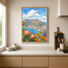 Cape Town Table Mountain bay with proteas watercolour art print framed print in a kitchen