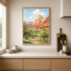 Capitol Reef National Park Fruita orchards and cliffs watercolour art print framed print in a kitchen