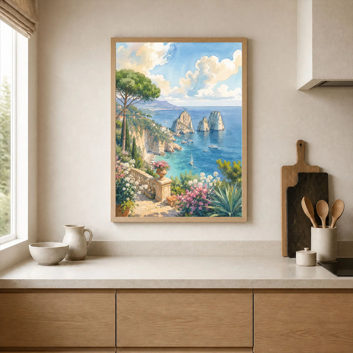 Capri Faraglioni rocks watercolour art print framed print in a kitchen