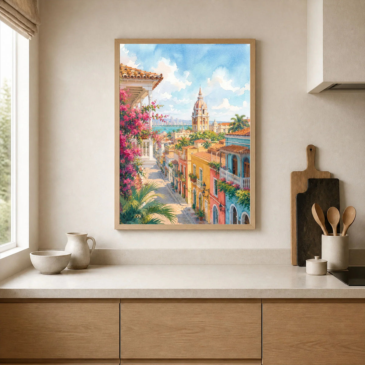 Cartagena colonial old town street watercolour art print framed print in a kitchen