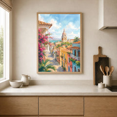 Cartagena colonial old town street watercolour art print framed print in a kitchen