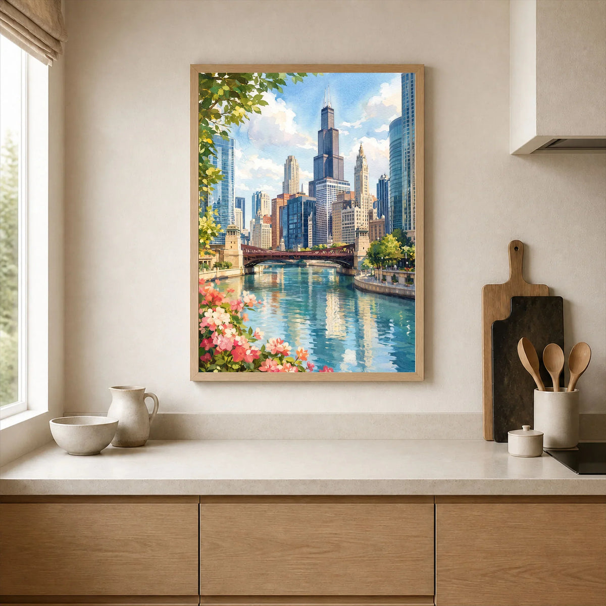 Chicago river and skyline watercolour art print framed print in a kitchen