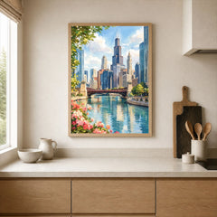 Chicago river and skyline watercolour art print framed print in a kitchen