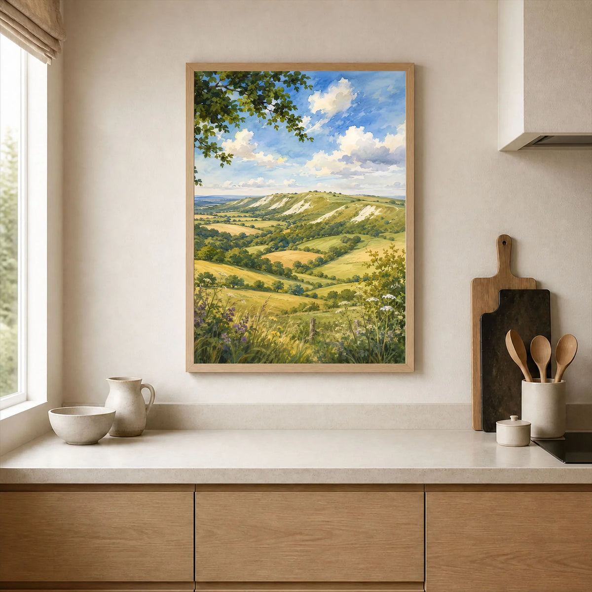 Chilterns rolling chalk hills watercolour art print framed print in a kitchen