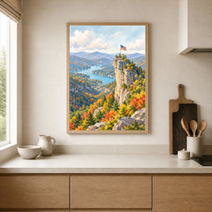 Chimney Rock State Park Chimney Rock above Lake Lure watercolour art print framed print in a kitchen