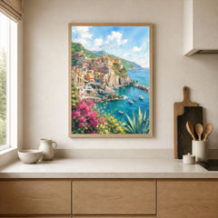 Cinque Terre Manarola cliff village watercolour art print framed print in a kitchen