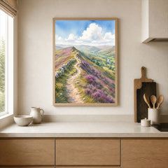 Clwydian Range heather ridge path watercolour art print framed print in a kitchen