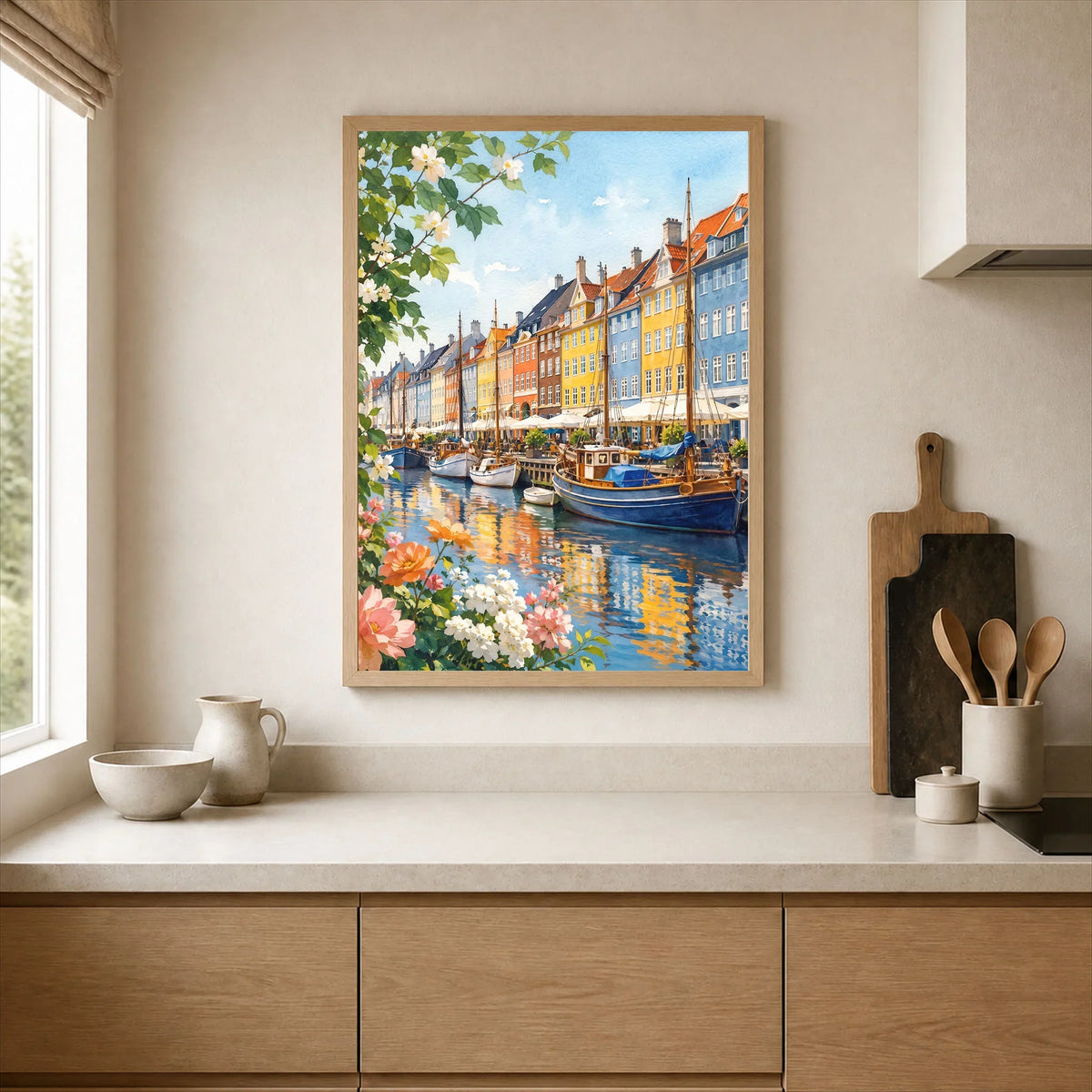 Copenhagen Nyhavn harbour houses watercolour art print framed print in a kitchen