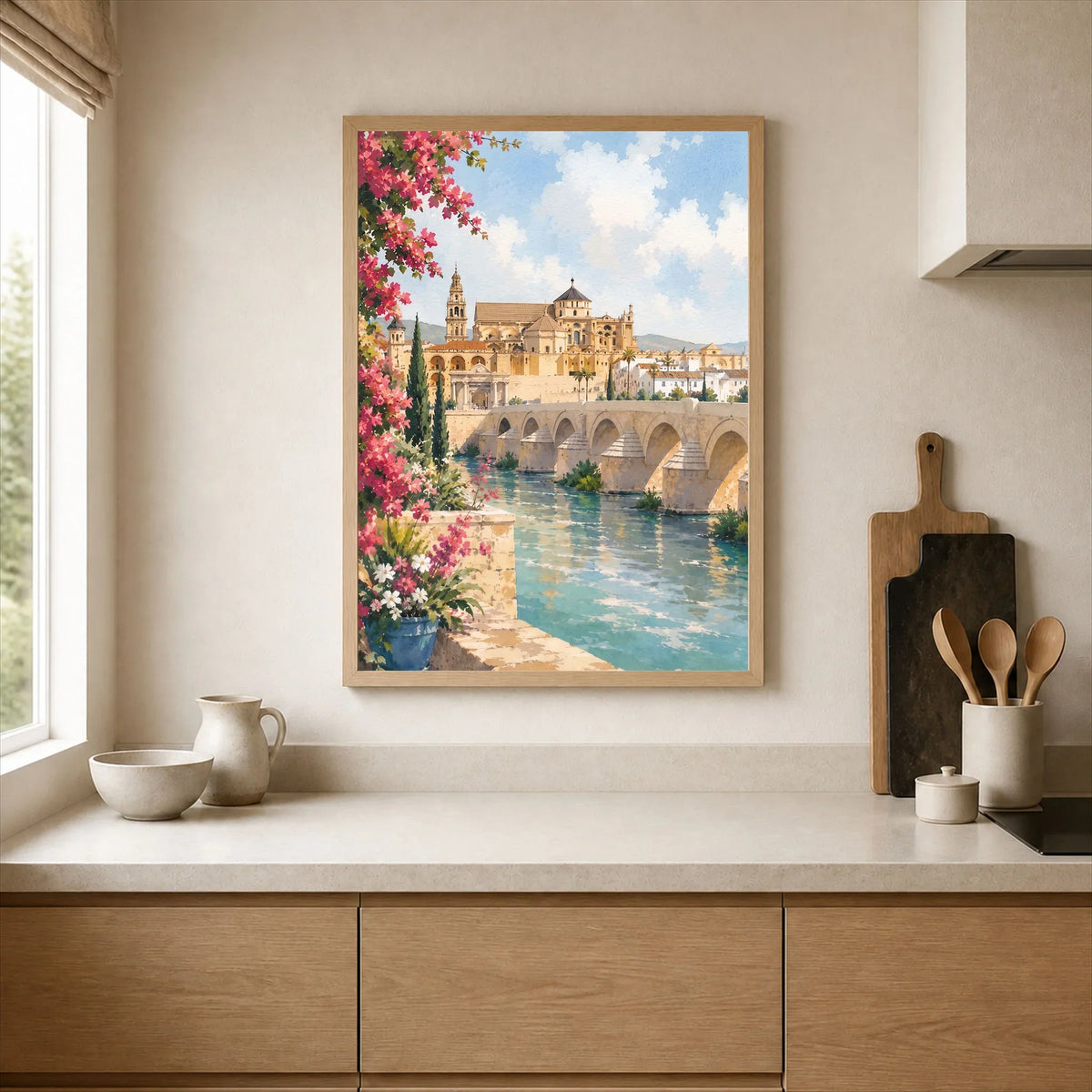 Córdoba Roman bridge and Mezquita watercolour art print framed print in a kitchen