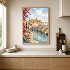 Córdoba Roman bridge and Mezquita watercolour art print framed print in a kitchen