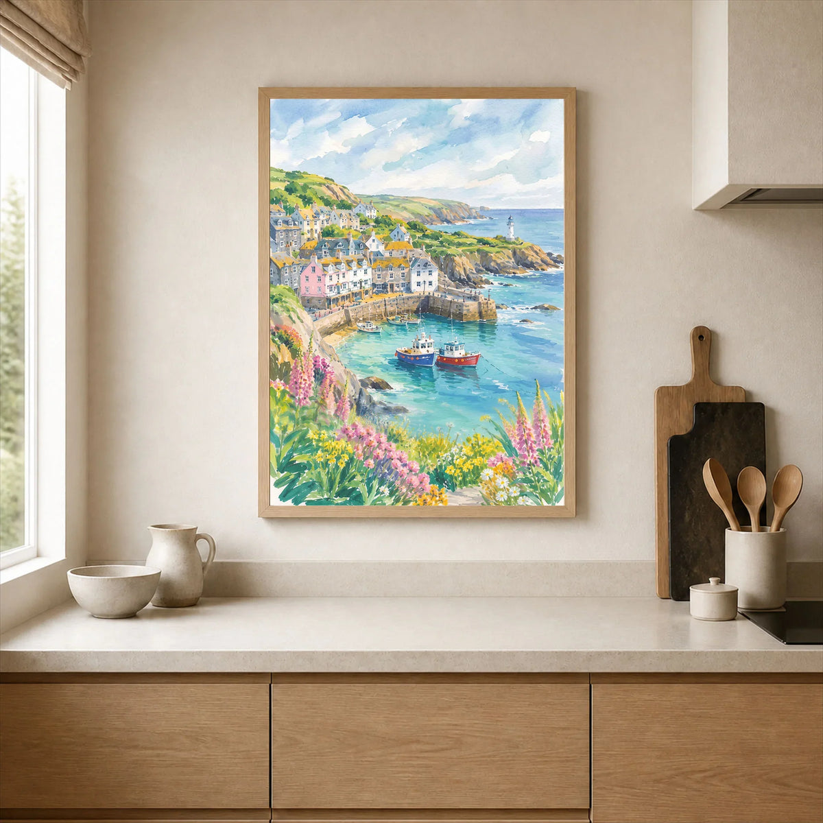 Cornwall harbour, fishing boats and lighthouse watercolour art print framed print in a kitchen