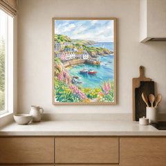 Cornwall harbour, fishing boats and lighthouse watercolour art print framed print in a kitchen