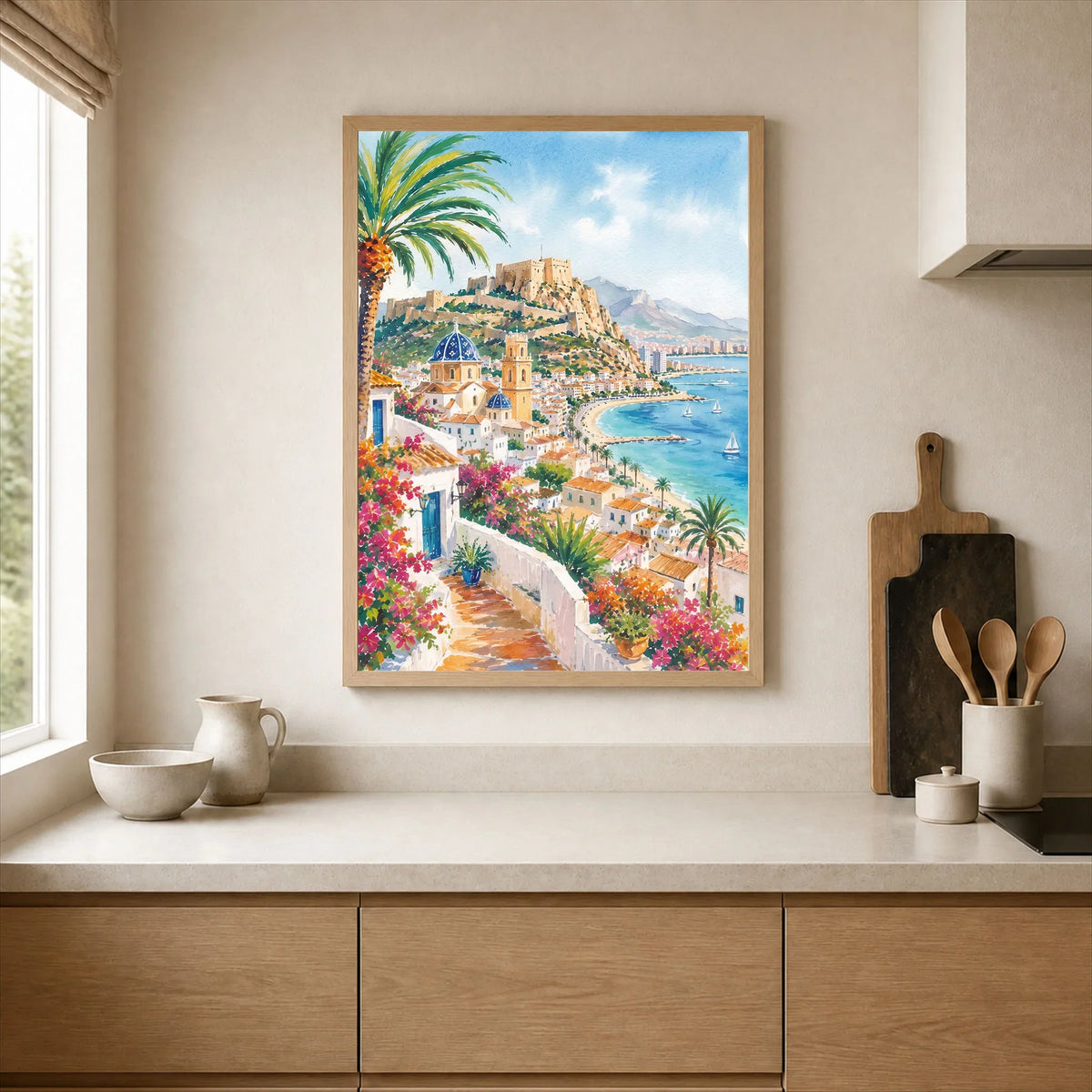 Costa Blanca Altea blue-domed church and coast watercolour art print framed print in a kitchen